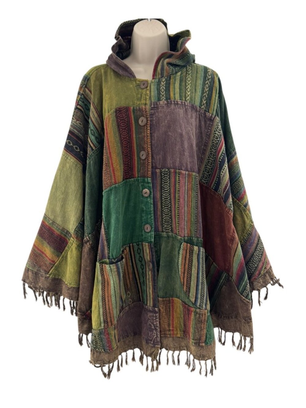 Patchwork Hooded Poncho Fringe Pockets Cape Coat Wrap Boho Hippie Unisex OS